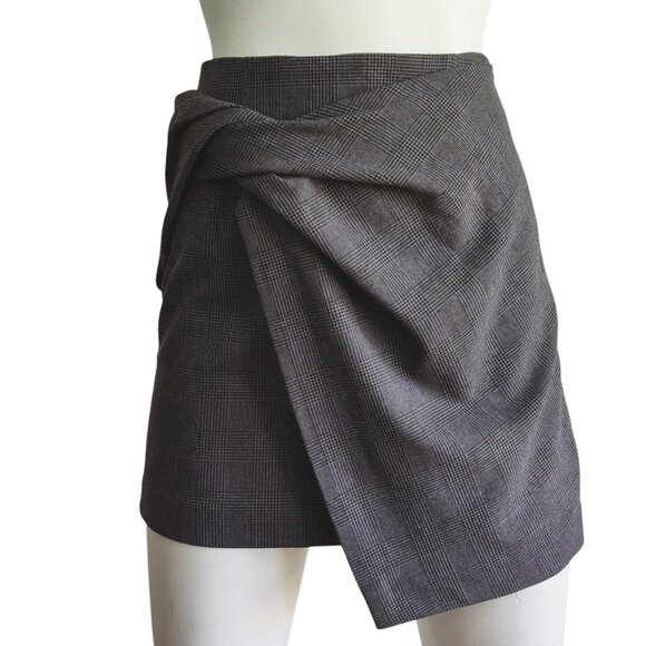 BABATON Jethro Dark Academia Twist Front Plaid Faux Wrap Stretch Mini Skirt 0 XS - Picture 1 of 6